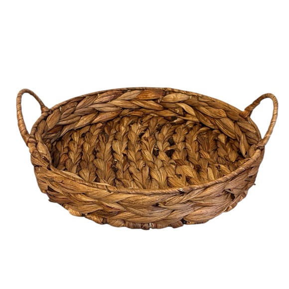 Other - Round Arrow Weave Woven Serving Tray Basket Handles Handmade Brown